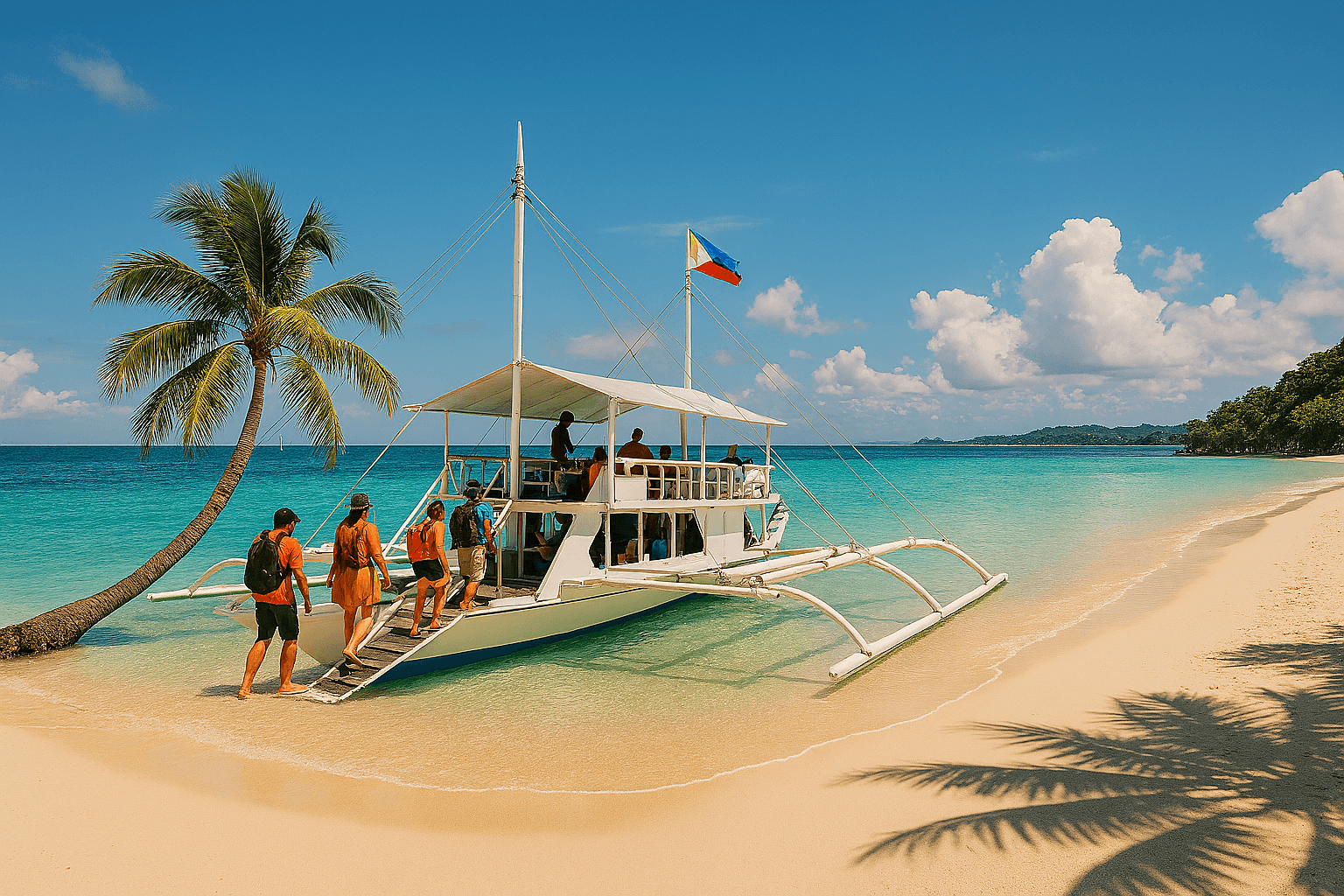 필리핀 특유의 길쭉한 배 '방카(Bangka)'가 투명한 에메랄드빛 필리핀 바닷가 물 위에 떠 있는 모습. 현지 풍경이 돋보인다.