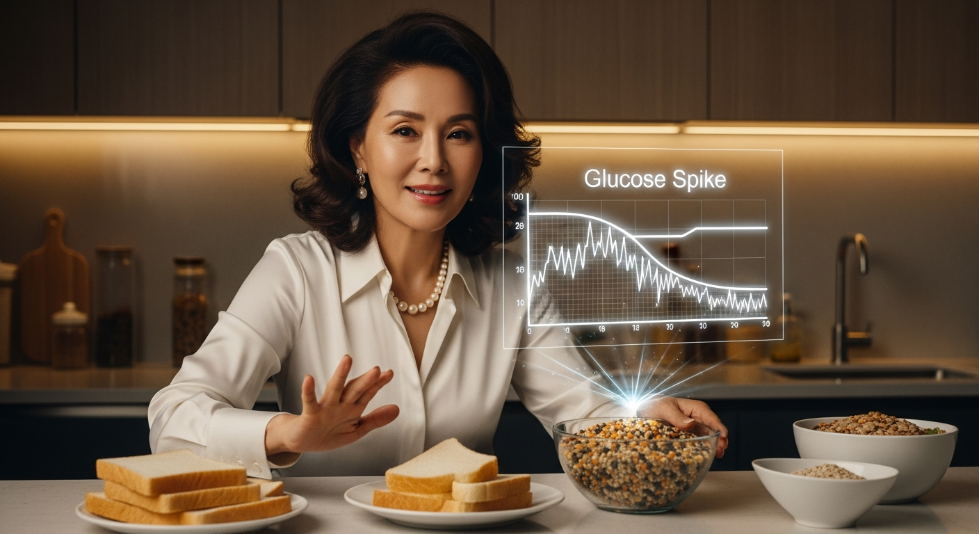 혈당 스파이크가 일어나는 그래프와 흰 쌀밥의 위험성을 설명하며 저속노화의 중요성을 강조하는 이미지