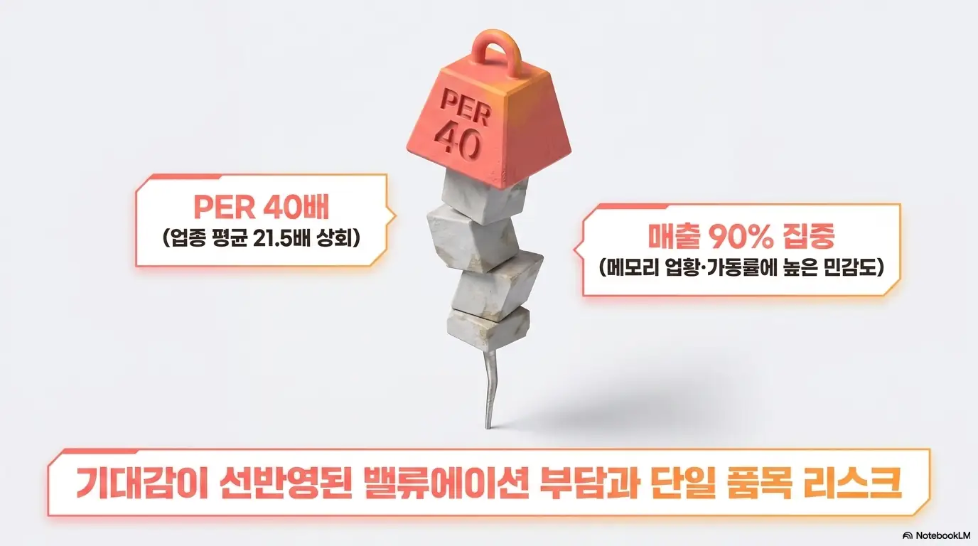 티씨케이 주가 전망: 티씨케이의 리스크로 업종 평균 21.5배를 웃도는 PER 40배 부담과 매출 90% 집중에 따른 메모리 업황 민감도를 보여주는 이미지. 기대감이 선반영된 밸류에이션 부담과 단일 품목 리스크를 시각화하며&amp;#44; 블로그의 티씨케이 주가 전망 주제와 관련된 내용을 설명함