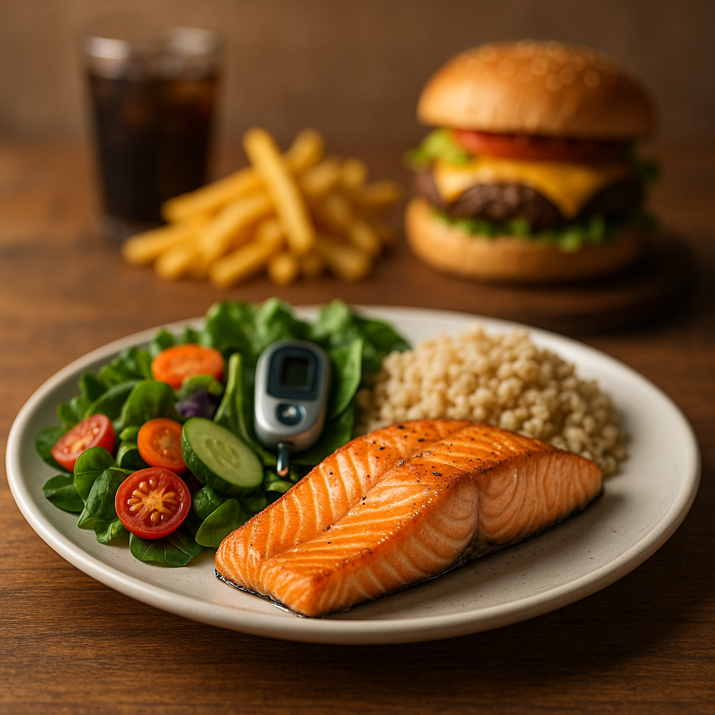 건강한 식단과 건강하지 않은 식단을 대조하는 이미지