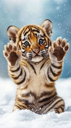 눈-내리는-날-새끼-호랑이가-눈밭에서-일어서서-양손을-올리고-인사하는-모습