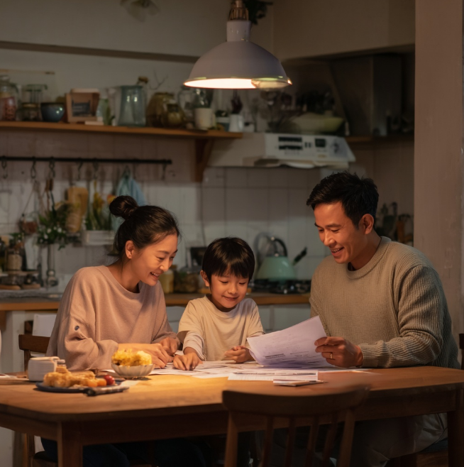 가족끼리 식탁에 앉아 게임하는 모습