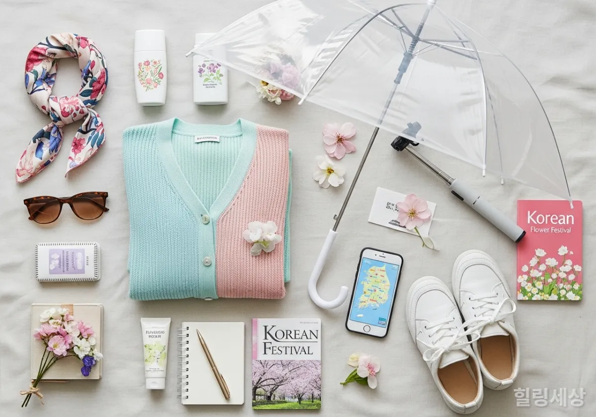 봄꽃 여행을 위한 파스텔톤 옷, 편한 신발, 셀카봉 등 필수 준비물 플랫레이 이미지