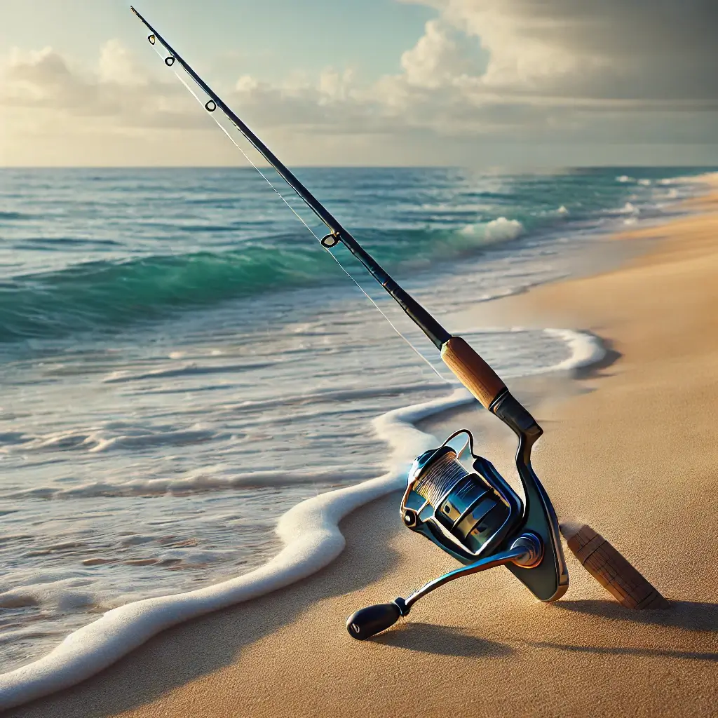 바닷가 모래사장에 놓인 낚싯대의 모습.