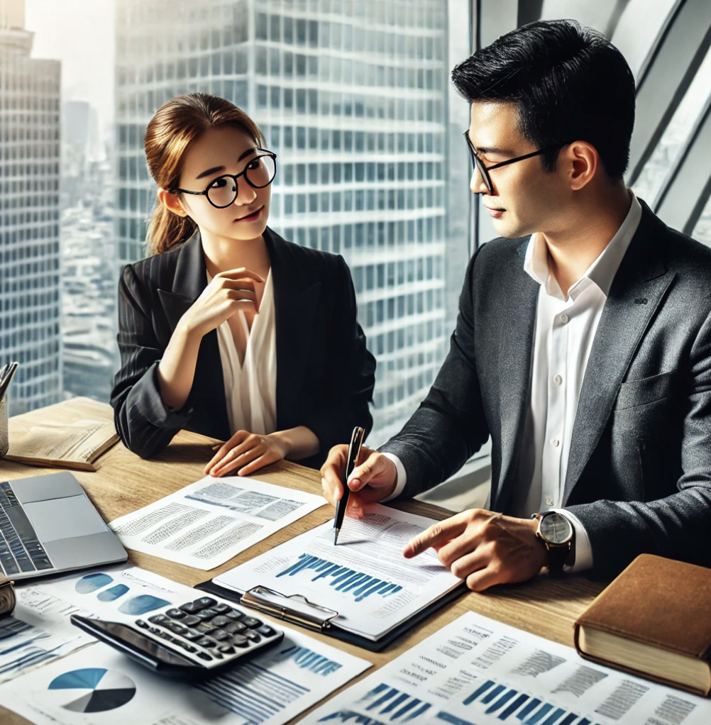 세무전문가가 고객과 법인세 규정을 논의하는 장면