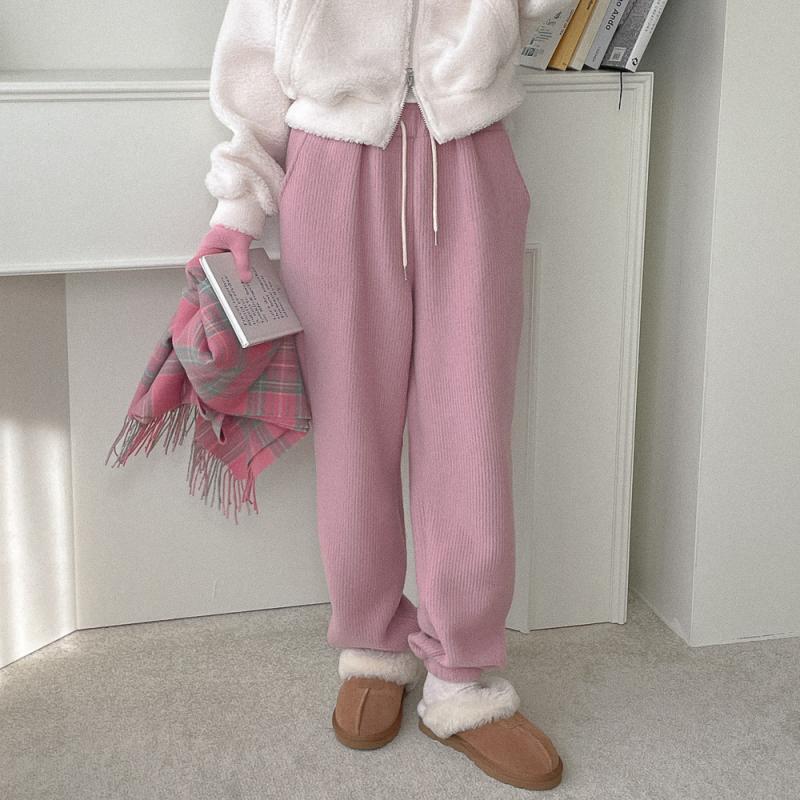 파스텔 골지 니트 조거 팬츠 캠핑룩 잠옷 핑크 아이보리 (3color)