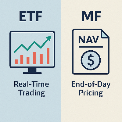 Illustration comparing ETF real-time trading with mutual fund NAV pricing