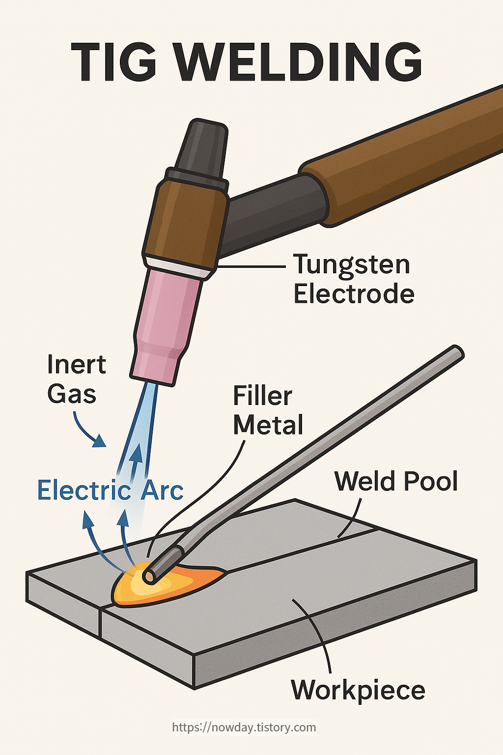 Educational 2D diagram illustrating the TIG welding process with labeled parts such as tungsten electrode, shielding gas, filler rod, and weld pool