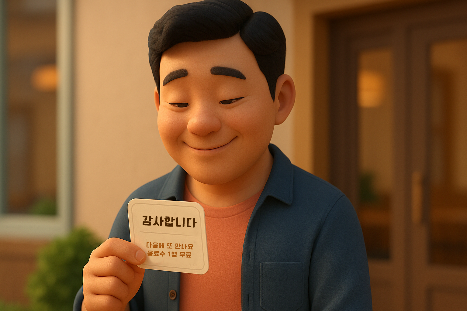 가게를 나선 손님이 재방문 쿠폰을 보며 미소 짓는 모습