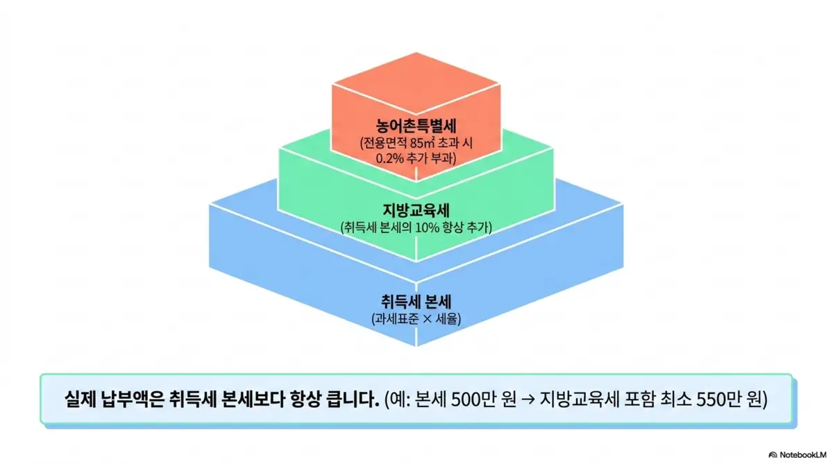 부동산 취득세: 부동산 취득세 본세 위에 지방교육세와 농어촌특별세가 추가로 쌓이는 3단 피라미드 구조를 보여주는 인포그래픽 이미지. 이 이미지는 취득세 본세 500만 원 기준 지방교육세 포함 최소 550만 원이 된다는 실제 납부액 구조를 시각적으로 전달하며 블로그의 취득세 추가 세목 설명과 관련된 내용을 설명함 