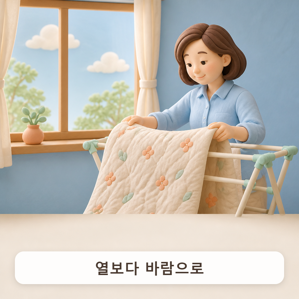 그늘진 거실 창가에서 이불을 뒤집어 펼치는 자녀