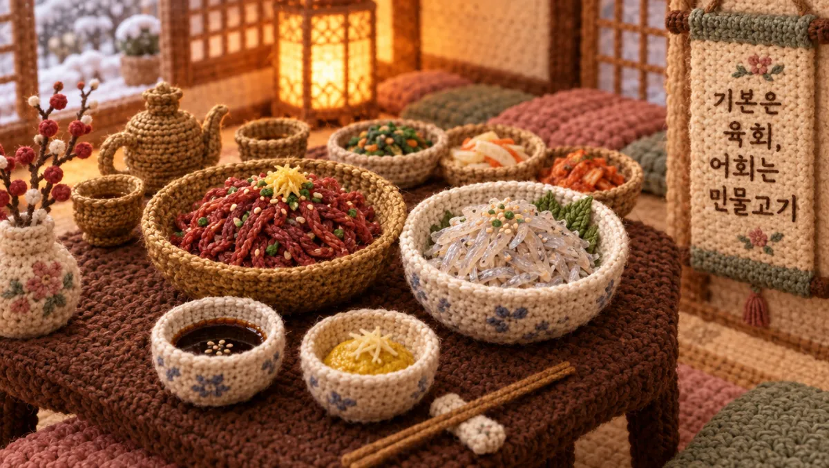 니트로 표현한 조선시대 상차림의 육회와 민물고기 회, 겨자장&middot;초간장, '기본은 육회, 어회는 민물고기' 문구