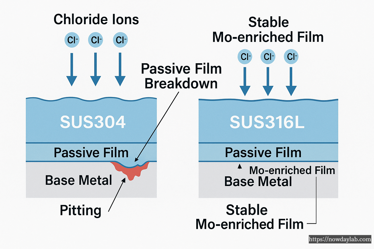 Comparison diagram of corrosion resistance between SUS304 and SUS316L showing passive film breakdown and Mo-enriched stability.