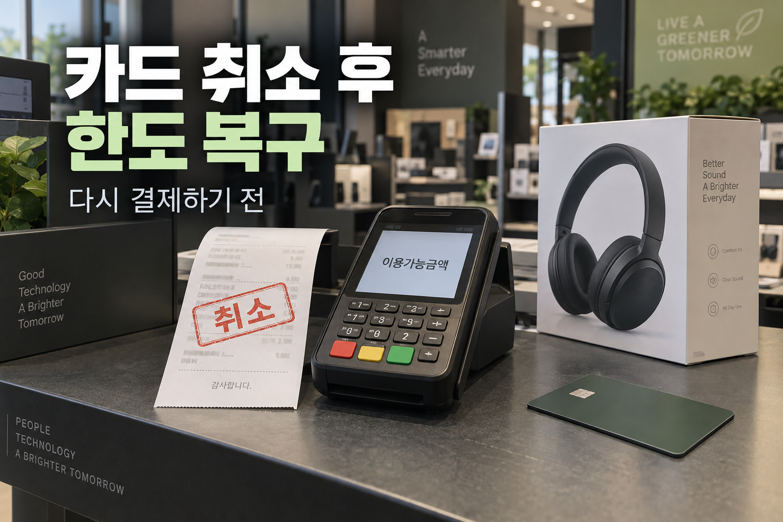 취소 영수증과 카드 단말기, 다시 구매할 상품이 놓인 매장 계산대 예시