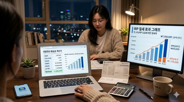 IRP 세액공제 한도와 연말정산 환급 효과를 설명하는 금융 인포그래픽