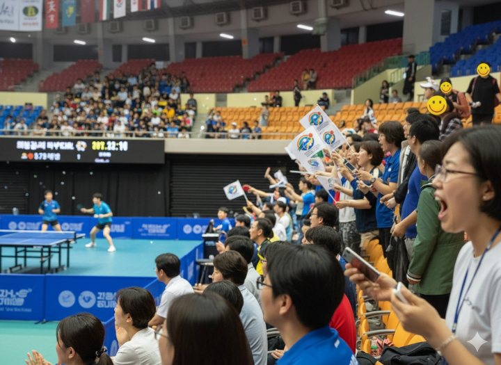 탁구 경기 관람 중인 관중들