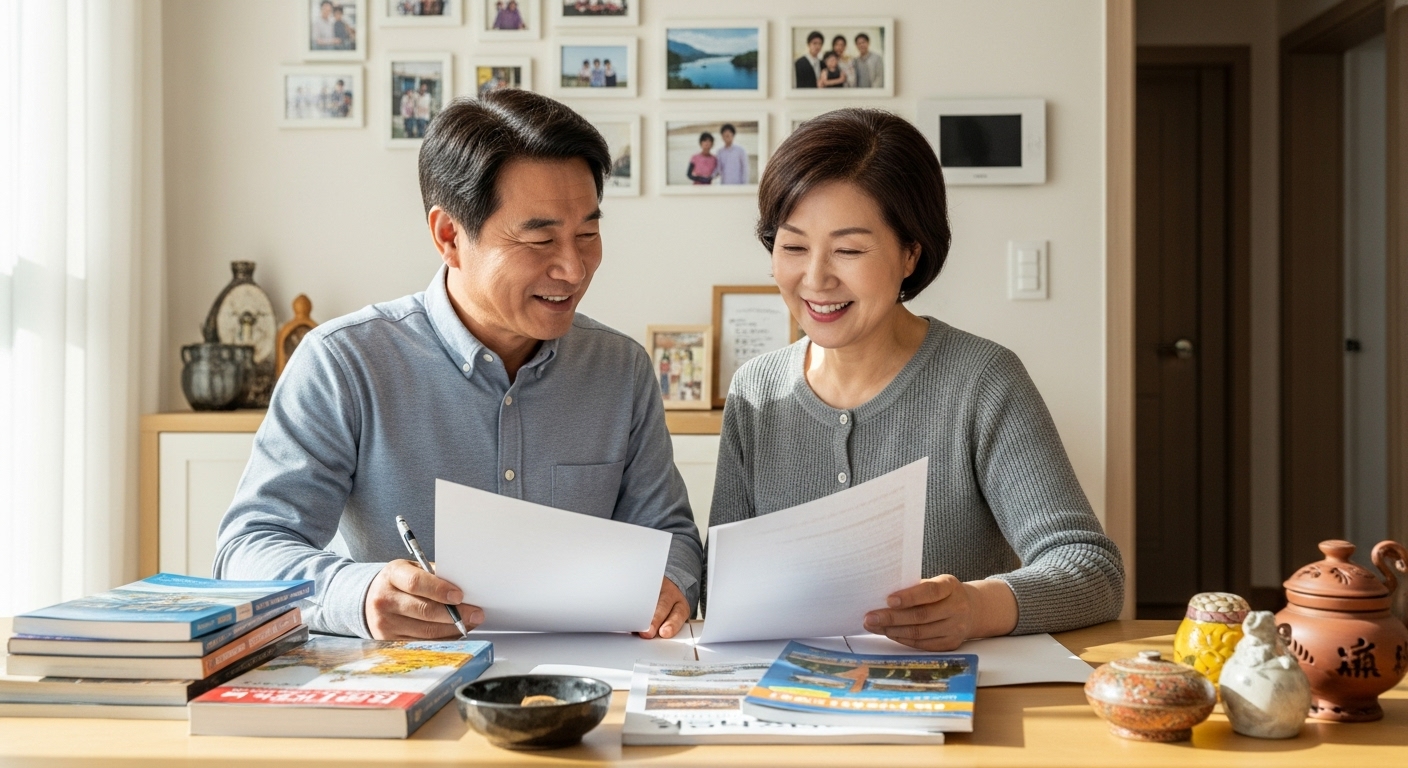 함께 노후 계획을 세우며 밝게 웃고 있는 중년 부부