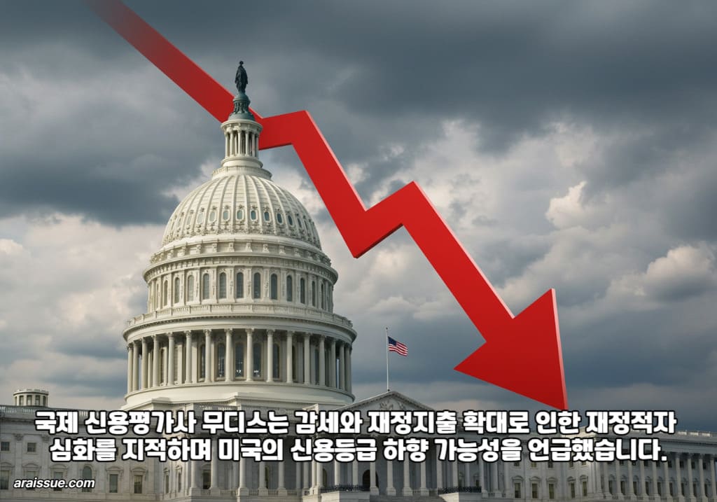 국제 신용평가사 무디스는 감세와 재정지출 확대로 인한 재정적자 심화를 지적하며 미국의 신용등급 하향 가능성을 언급했습니다.