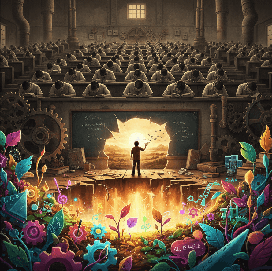 영화 세 얼간이 속 획일적인 교육 공장과 그 틀을 깨고 나가는 주체적인 인간의 꿈을 시각화한 일러스트