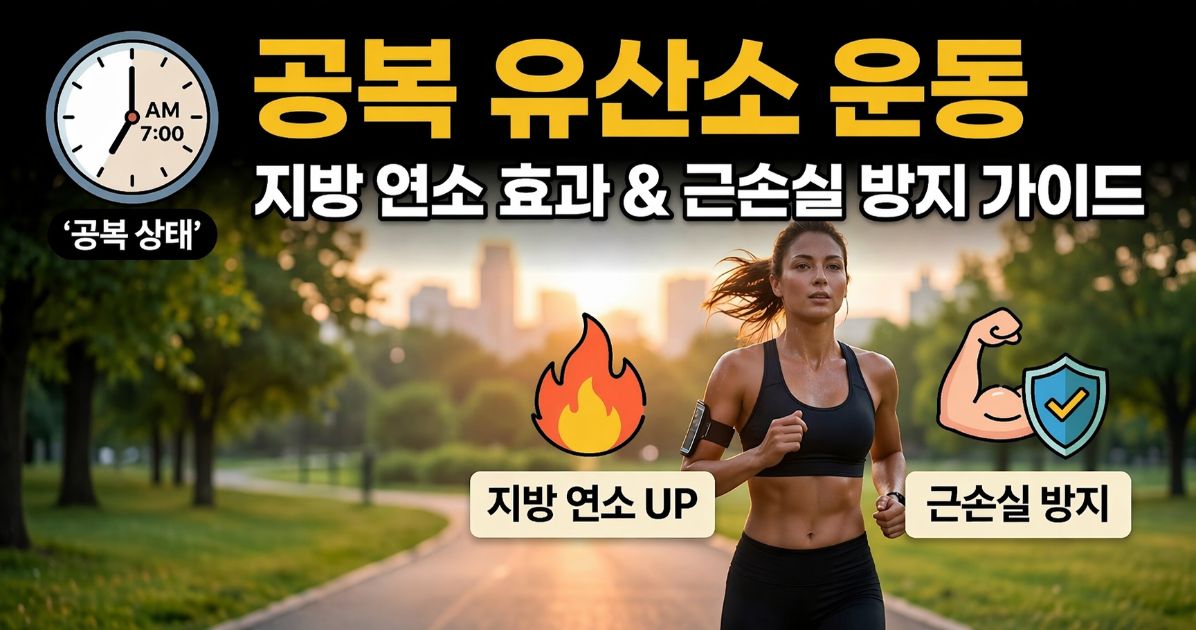 아침 7AM 시계 그래픽과 함께, 공복 유산소 운동으로 체지방 연소와 근손실 방지를 나타내는 이미지.
