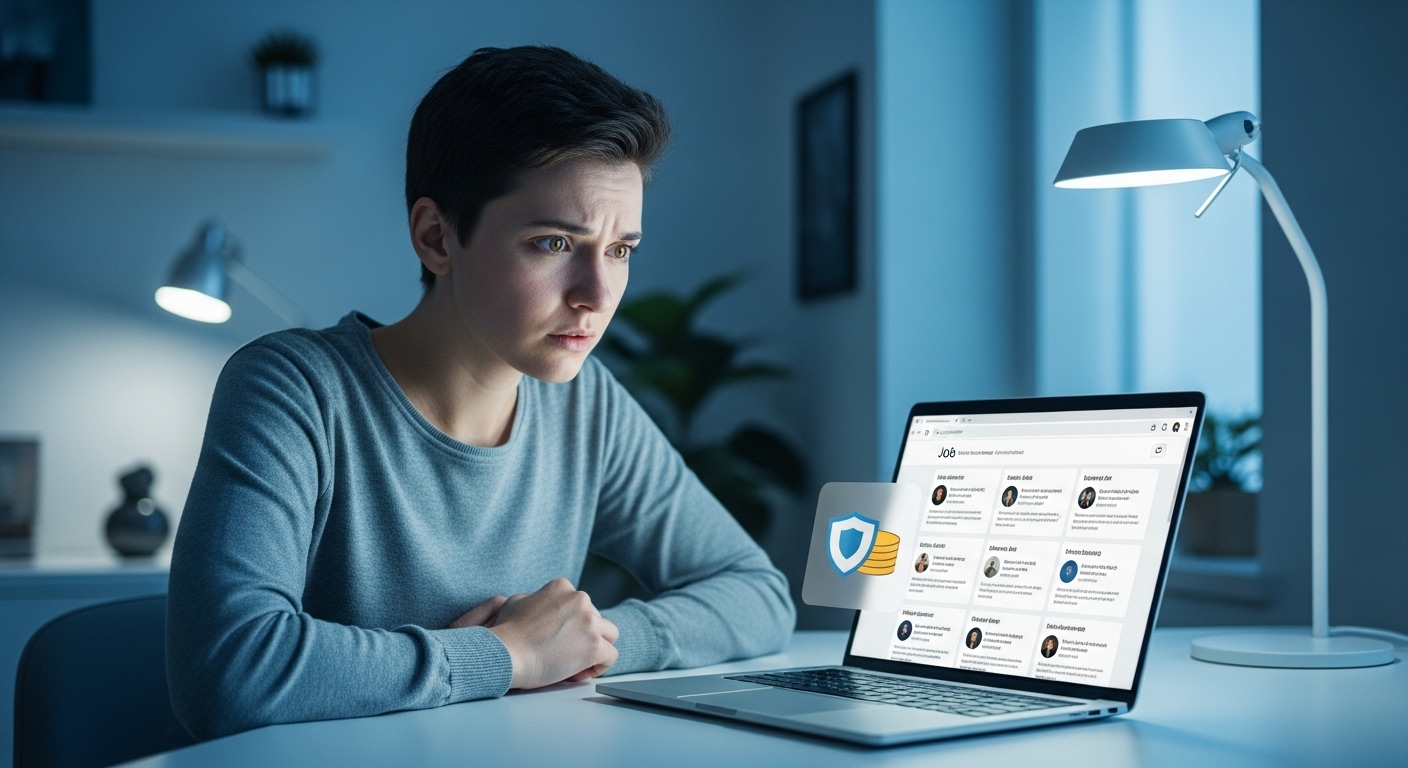 노트북으로 구직 활동을 하는 직장인, 실업급여 제도 변화에 대비하는 모습.