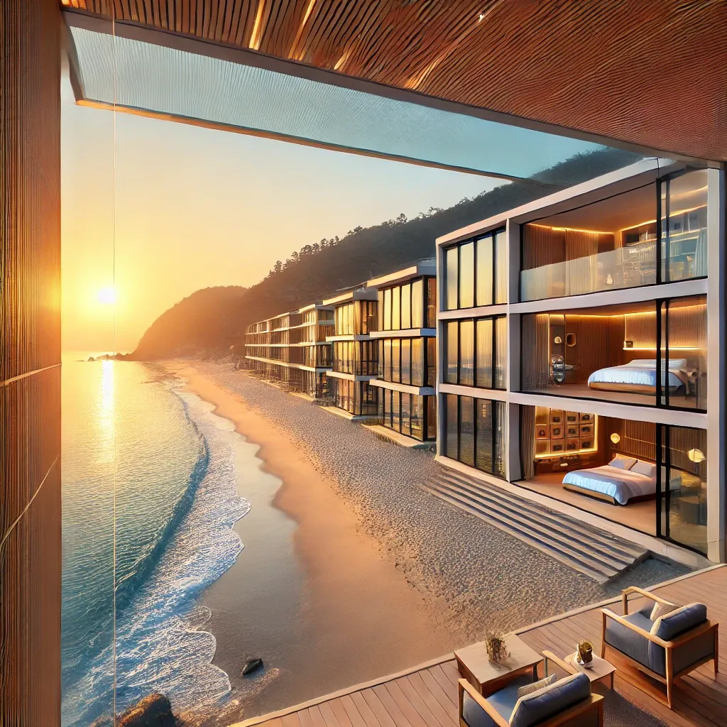 프라이빗 해변과 동해의 일출이 보이는 현대적 숙소