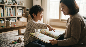 반복해서 읽은 책의 재미있는 장면을 부모에게 설명하는 아이