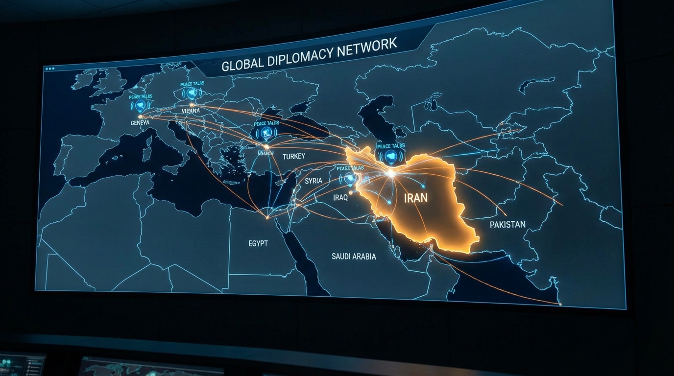 2026년 중동 정세 지도와 이란 전쟁 외교적 중재 현황 시각화