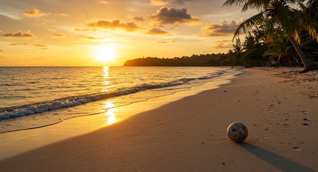 해질녘 해변가에 놓여있는 배구공 모습