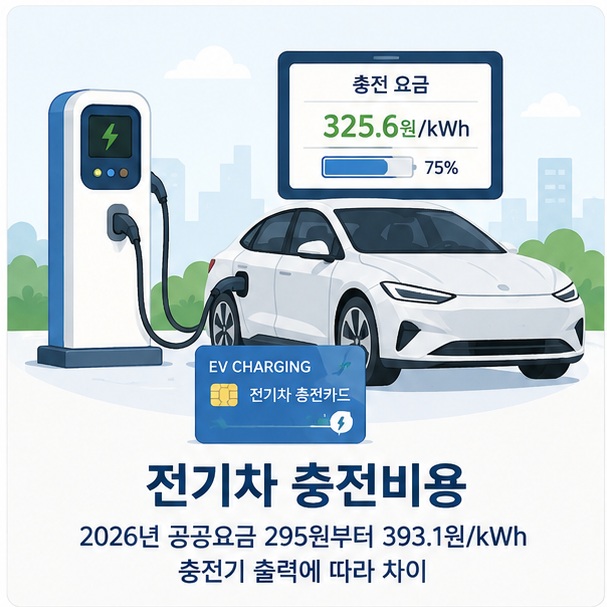 전기차와 충전요금 화면을 함께 표현해 2026년 전기차 충전비용은 충전기 출력과 운영사업자에 따라 달라짐을 보여 주는 그림