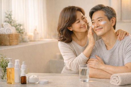 중년 남편 피부 관리해주는 모습