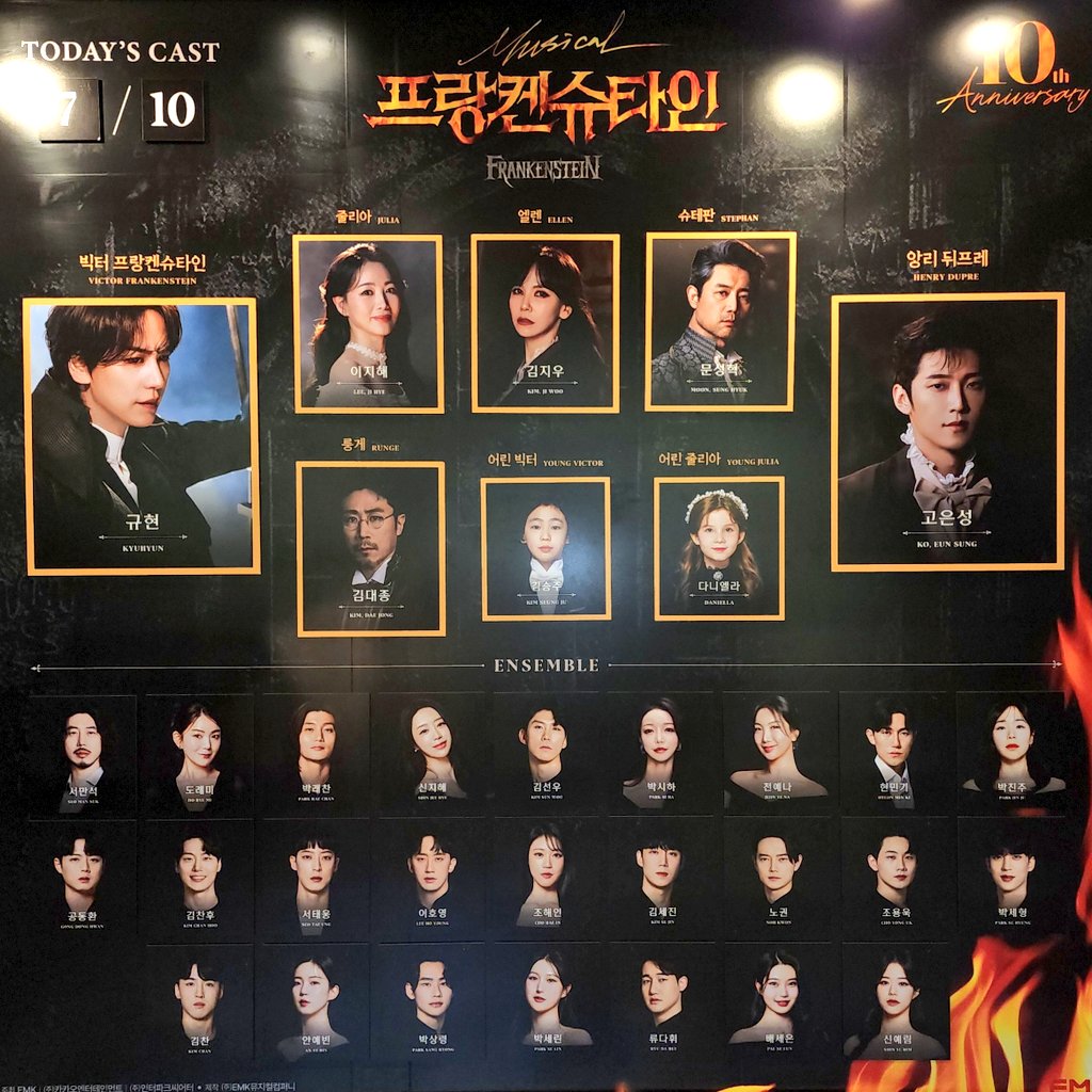 2024년 7월 10일 뮤지컬 프랑켄슈타인 낮공 캐스팅 보드
빅터 프랑켄슈타인 - 규현
앙리 뒤프레 - 고은성
줄리아 - 이지혜
엘렌 - 김지우
슈테판 - 문성혁
룽게 - 김대종
어린 빅터 - 김승주
어린 줄리아 - 다니엘라