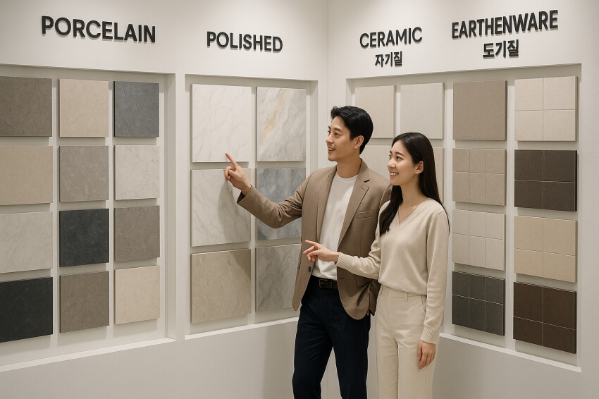 쇼룸에서 포세린, 폴리싱, 도기질, 자기질 타일 등의 종류를 확인하고 있는 부부
