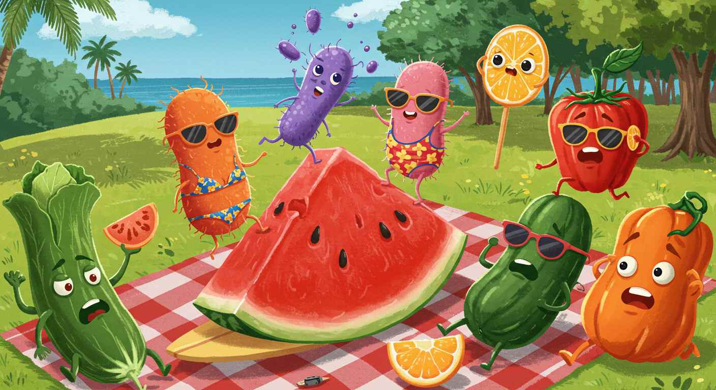 An illustrated summer picnic scene where bacteria dressed in sunglasses and swimsuits are riding on a slice of watermelon like it's a surfboard, surrounded by panicking vegetables trying to run away.