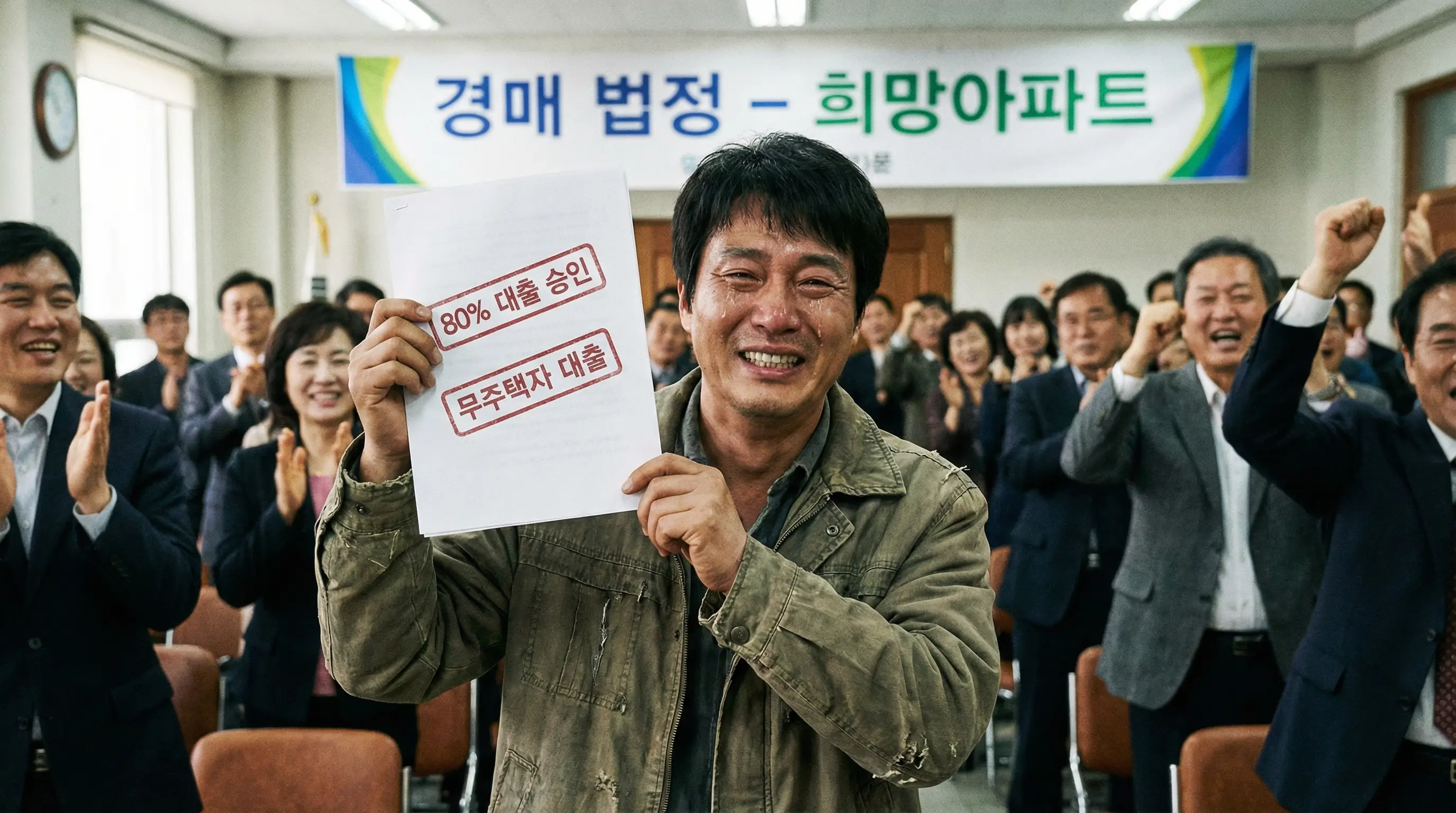 경매 법정에서 낙찰을 받고 80% 대출 승인 도장이 찍힌 서류를 들고 기뻐하는 무주택자의 모습