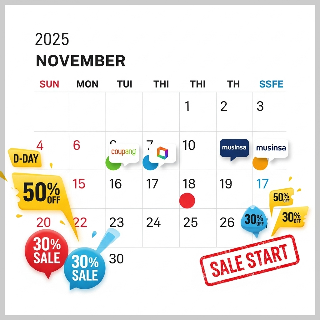 1월 달력에 주요 쇼핑몰 로고와 할인율, 'D-DAY' 스탬프가 찍혀 있는 이미지