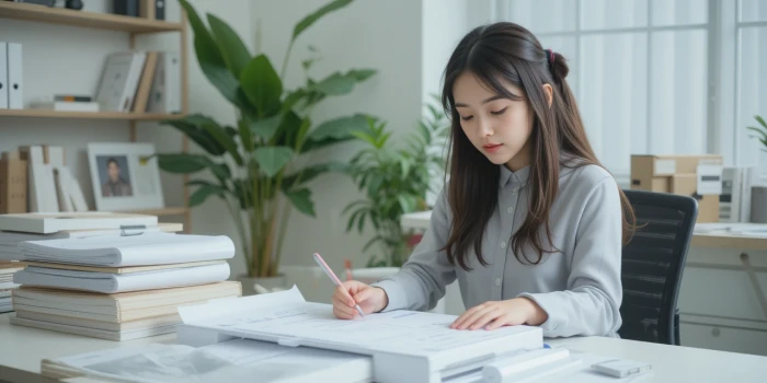 프린터로 송장을 출력 중인 여성 소상공인의 정돈된 작업공간