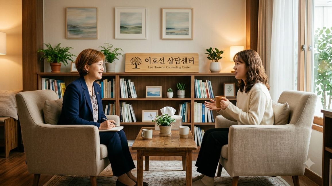 이호선 상담소에서 전문 심리상담사와 내담자가 따뜻한 분위기 속에서 대화를 나누는 모습