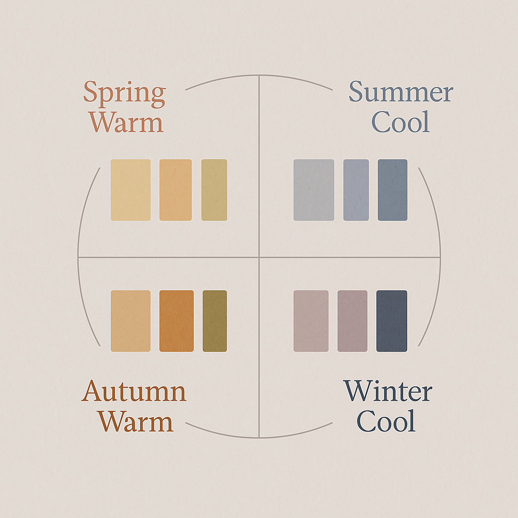 퍼스널 컬러를 4계절 톤으로 분류한 도표로, 계절별 특징 색상을 한눈에 볼 수 있습니다.