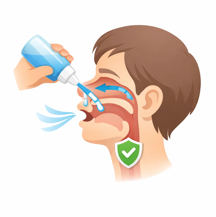 비강 세척 시 물이 코 안을 통과해 목으로 흐르는 원리를 설명한 단면 일러스트