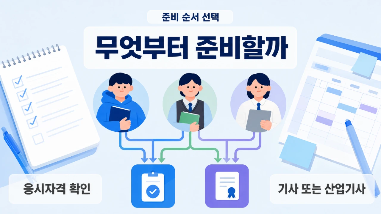 비전공자와 직장인이 전기기사와 전기산업기사 중 준비 순서를 선택하는 이미지