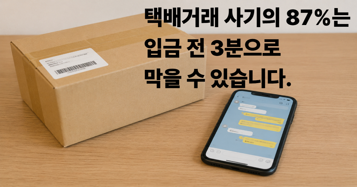 중고거래 택배사기 예방을 위해 스마트폰으로 확인하는 상황을 묘사한 택배 박스 사진