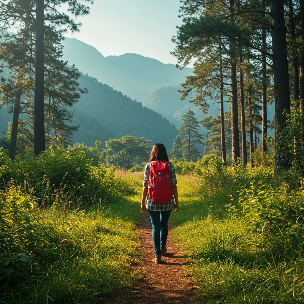 자연휴양림 걷고 있는 여성이미지