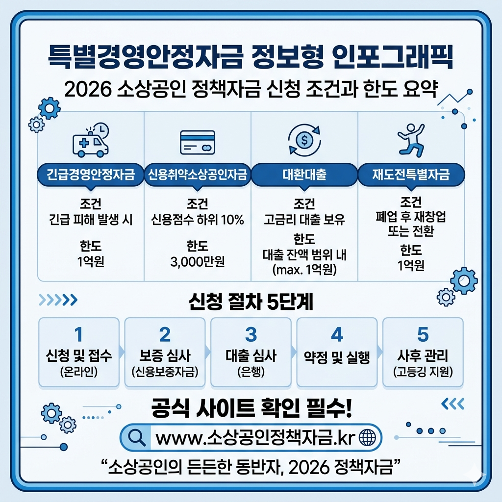 특별경영안정자금 2026 신청 조건&middot;한도&middot;금리 인포그래픽