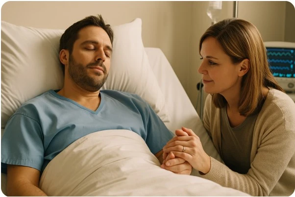 수술 후 병실로 돌아온 환자와 손을 잡고 있는 가족