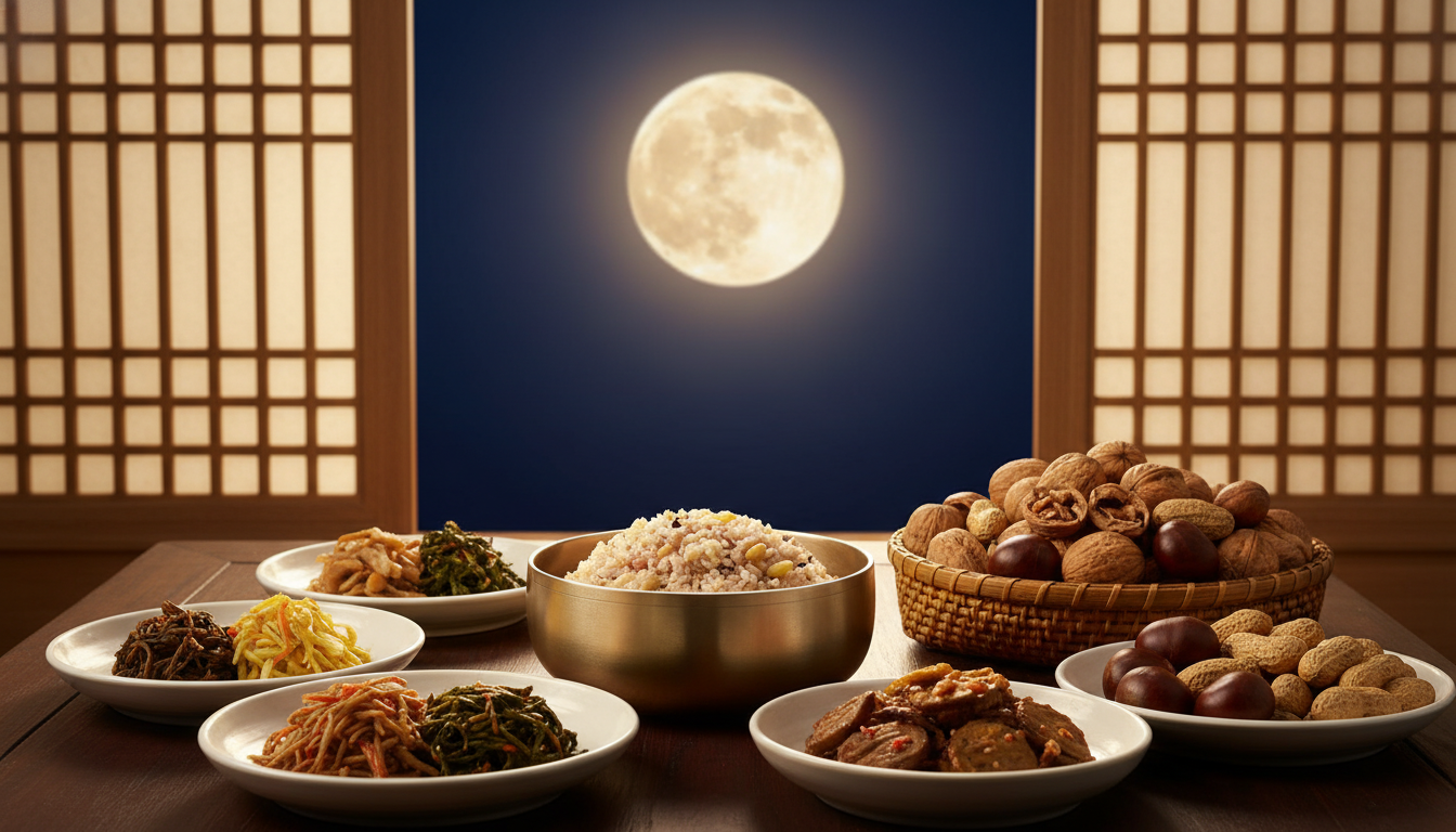 2026년 정월대보름을 맞아 차려진 오곡밥과 갖가지 나물, 그리고 부럼이 놓인 전통 밥상과 창밖으로 보이는 보름달
