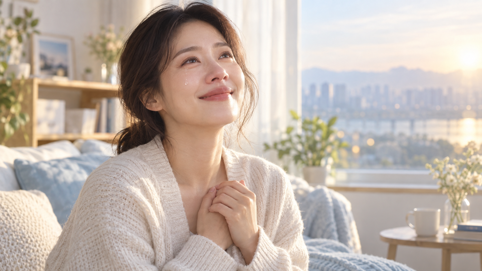 꿈속에서 기쁨과 안도감의 눈물을 흘리는 여성