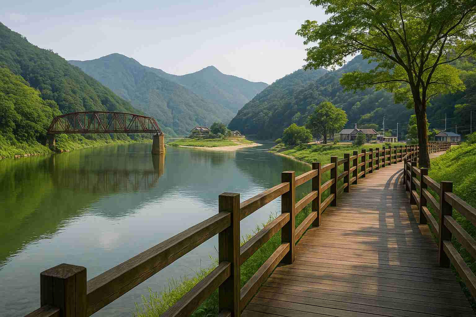 정선 아우라지의 맑은 물줄기와 산책로, 철교가 어우러진 평화로운 강변 풍경