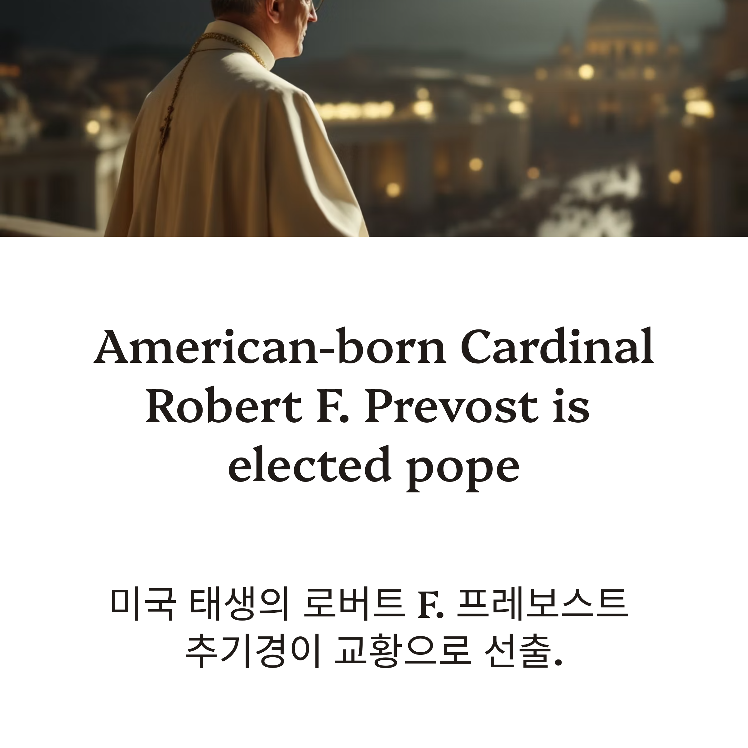 미국 태생의 로버트 F. 프레보스트 추기경이 교황으로 선출되었다는 영문 및 한글 헤드라인 카드. 성 베드로 대성당을 배경으로 교황 복장을 한 인물이 측면에서 등장.