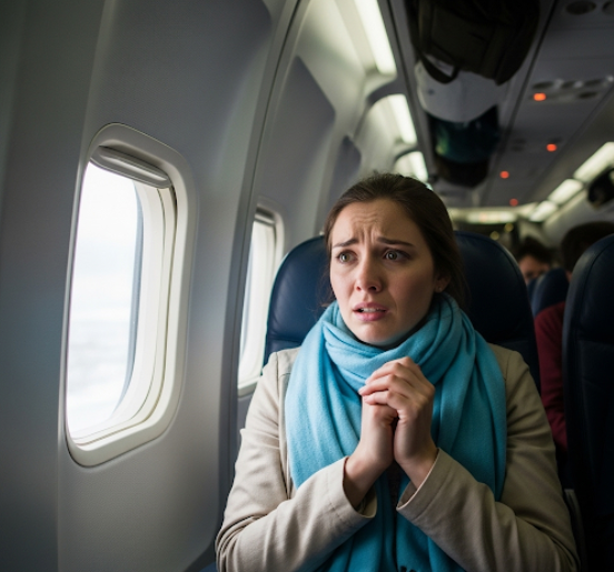 여성이 유럽 여행중 비행 난기류로 당황하는 모습